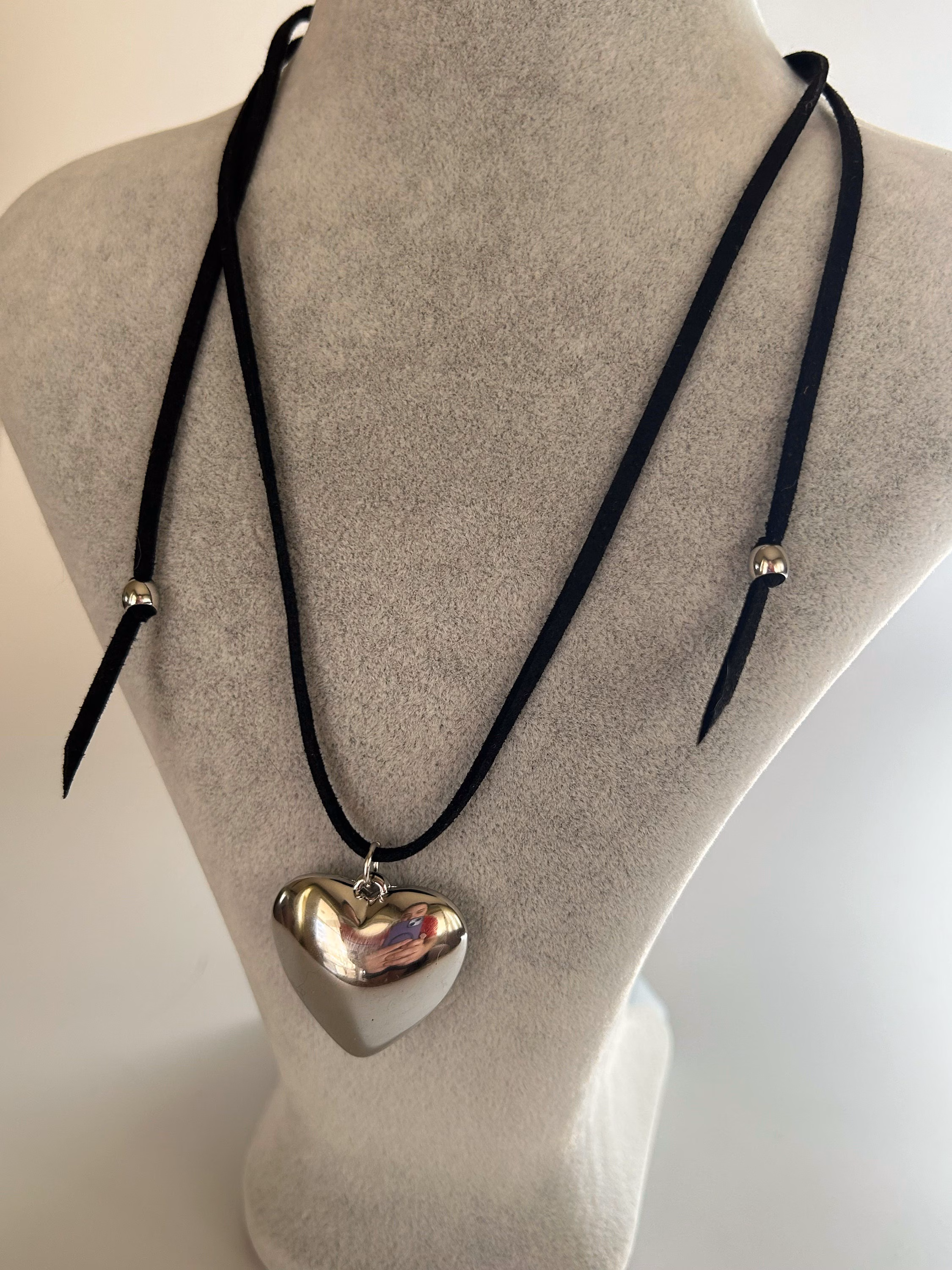 Silver Dome Heart Pendant Necklace, Silver Heart Necklace, Bold Heart Shape Charm Necklace, Gift For Her