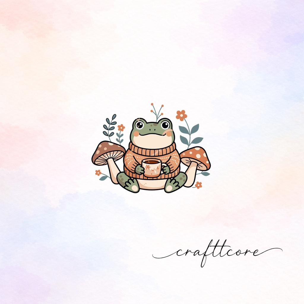 Cottagecore Frog Clipart, Mushroom Frog PNG, Cozy Tea Lover Art (Digital Download)