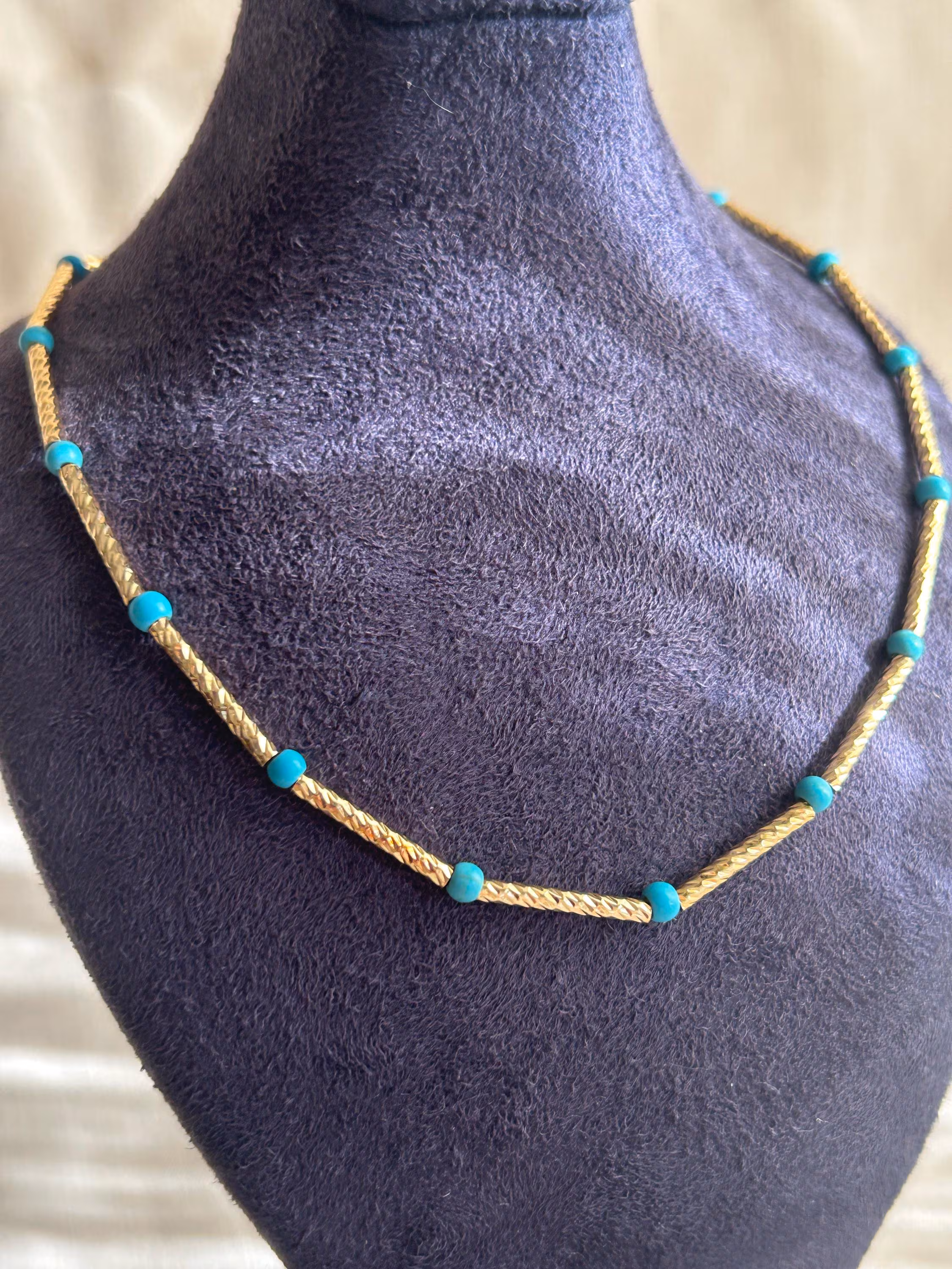 Turquoise Beaded Necklace • Gold Tube Necklace • Minimalist Bead Necklace • Modern Gold Necklace • Everyday Jewelry • Handmade