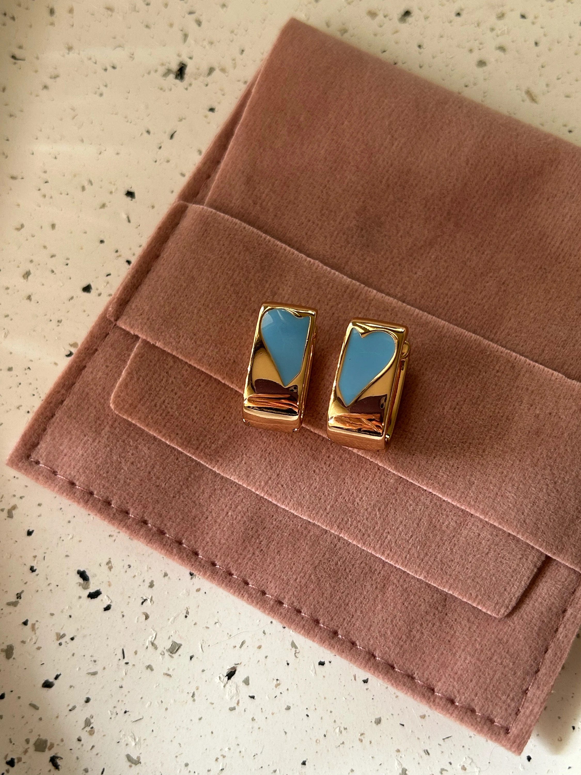 Gold Huggie Hoop Earrings with Blue Heart