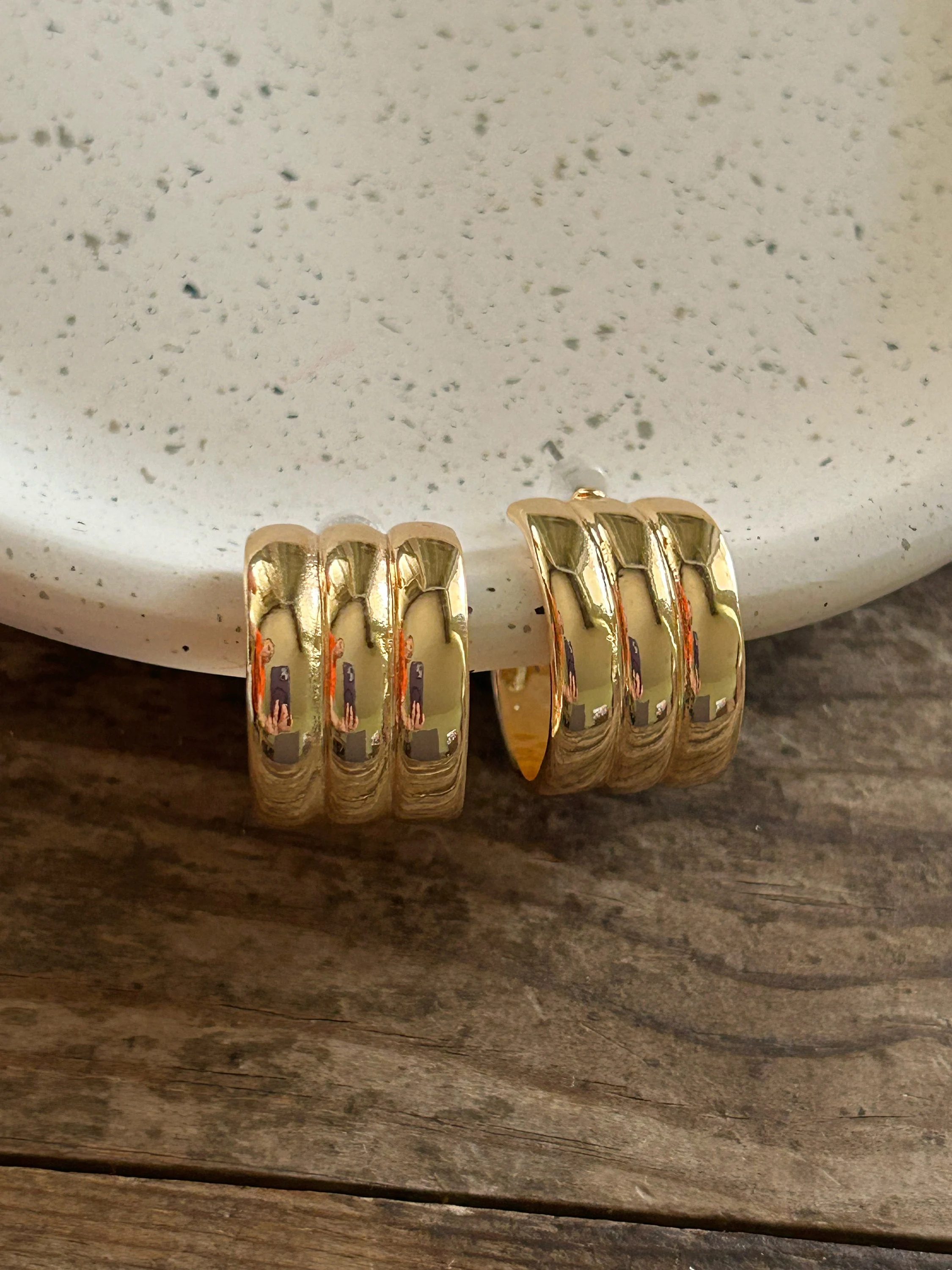 Gold Triple Hoop Earrings, Bold Steel Half Hoops, Trendy Jewelry