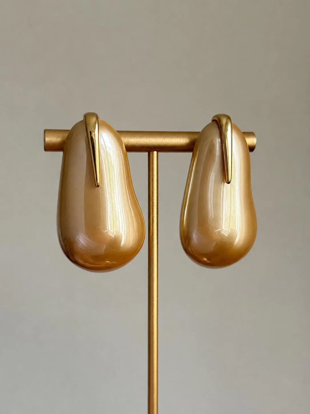 Chunky Gold Earrings • Beige Glossy Resin Drop Earrings • Gold Accent Earrings • Statement Earrings • Retro Modern Jewelry