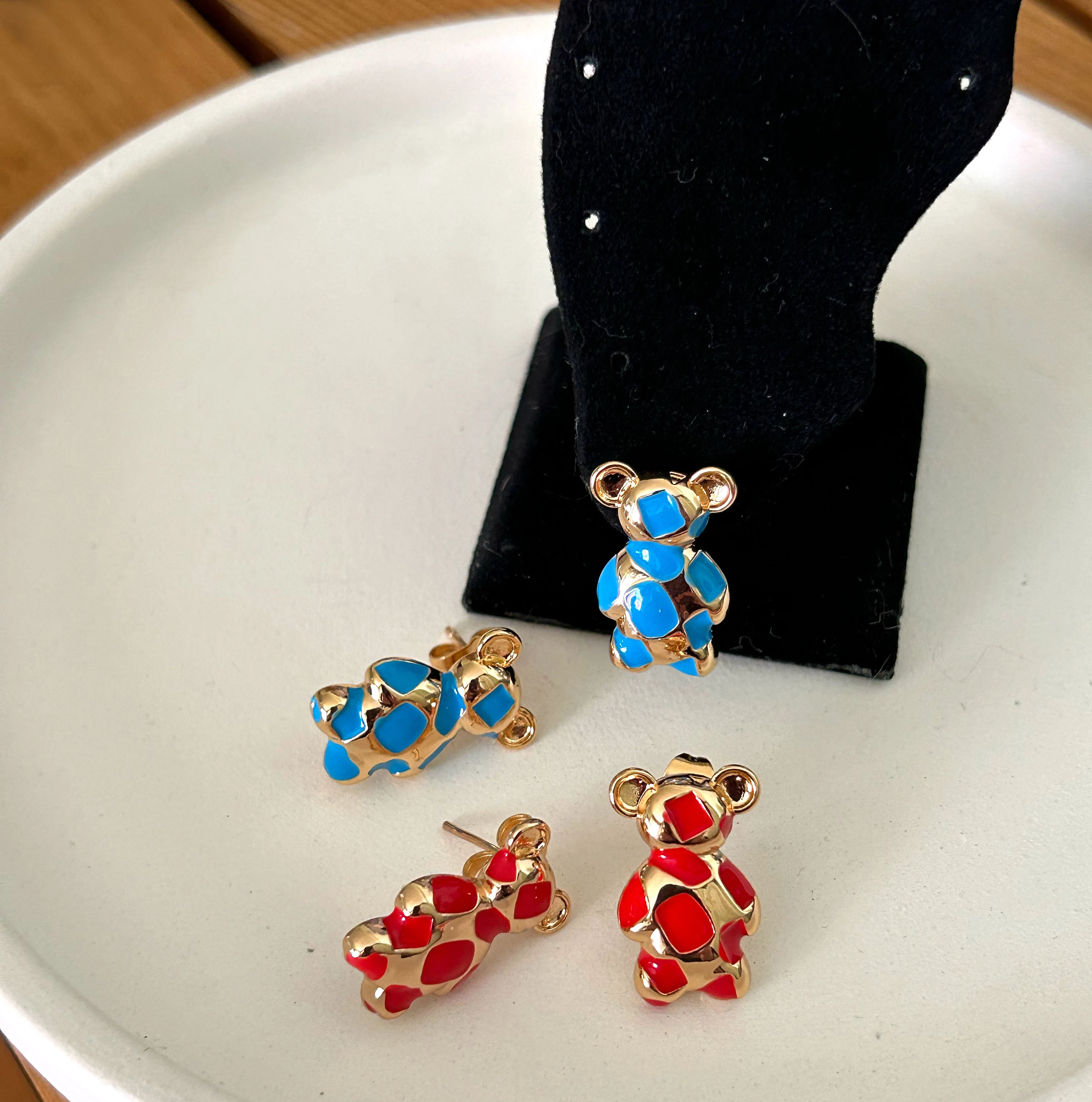 Funky Earrings • Teddy Bear Earrings • Cute Bear Stud Earrings • Blue Red Bear Earrings • Kawaii Jewelry • Cute Gold Earrings • Gift for Her