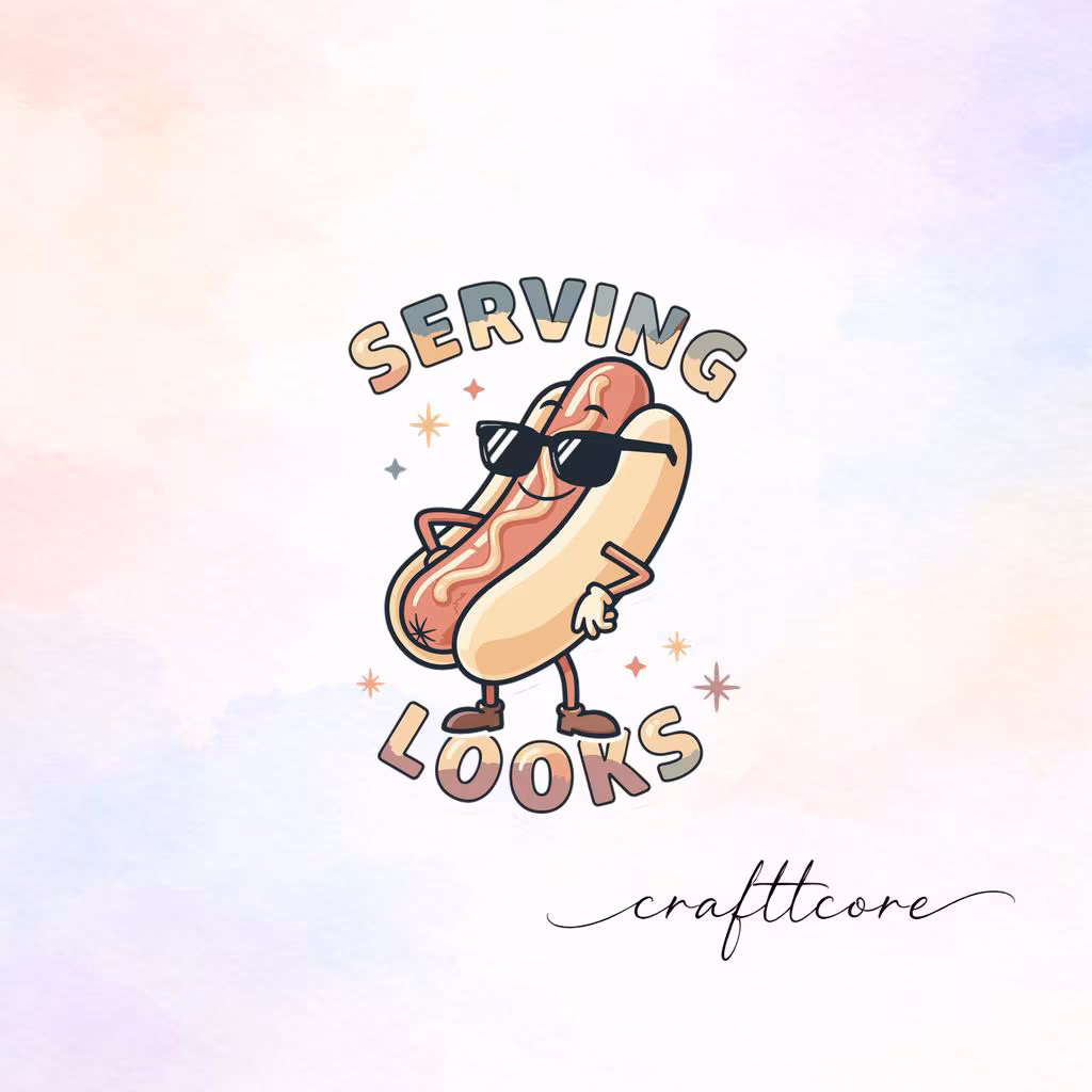 Retro Hot Dog Mascot Watercolor Clipart, Serving Looks PNG (Digital Download)