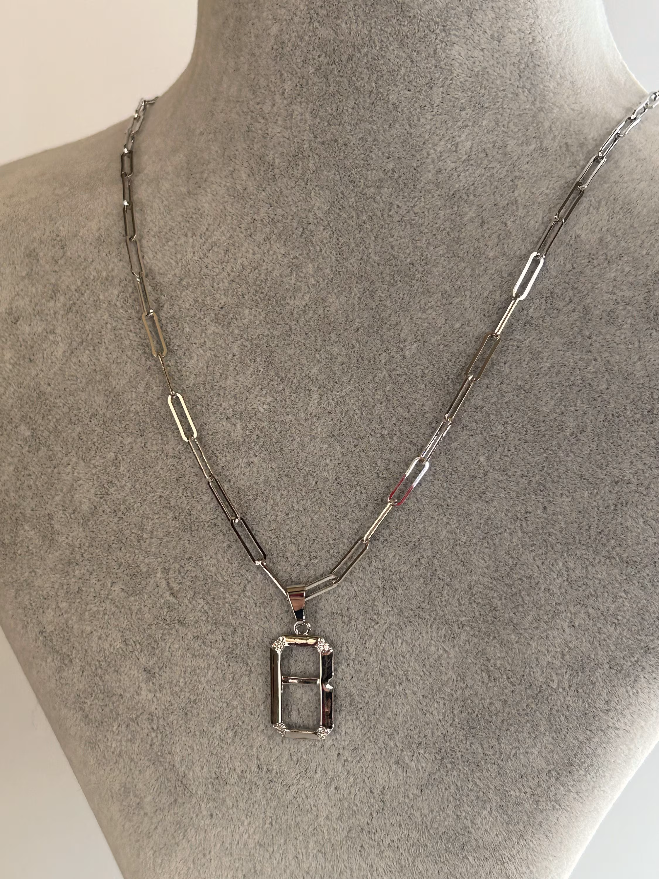 Baguette Monogram Pendant Necklace, Steel Silver Pendant Necklace, Silver Monogram Necklace, Chain Silver Necklace, Gift For Her