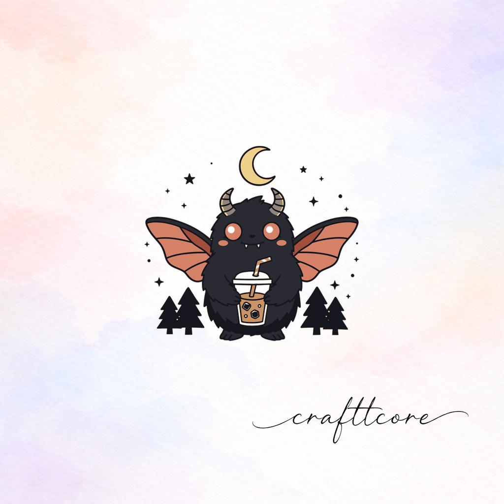 Mothman Clipart PNG, Spooky Cryptid with Iced Coffee, Forest Moon Illustration (Digital Download)