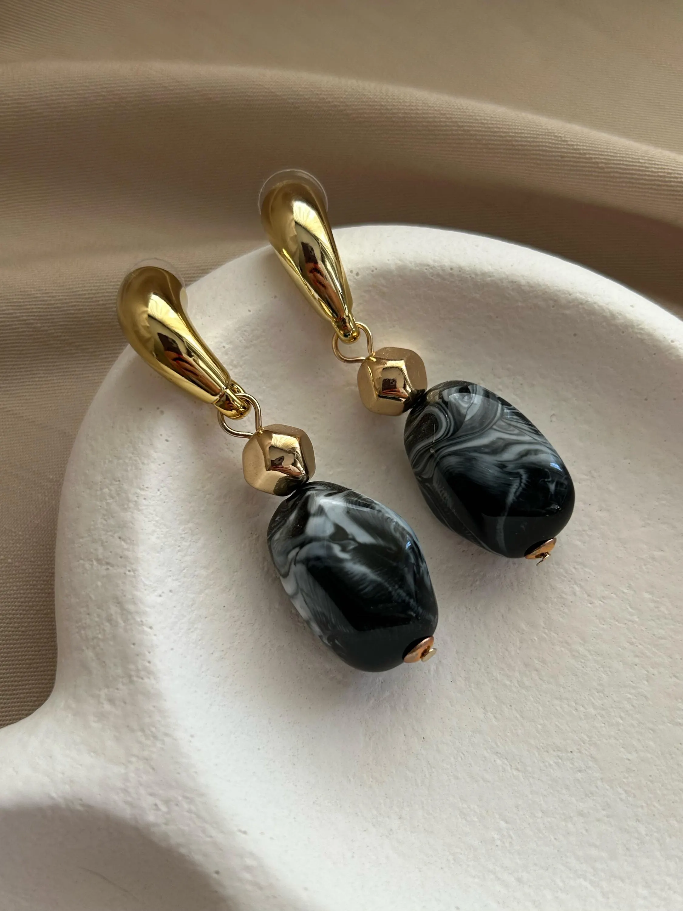 Gold Dangle Earrings, Gray Stone Drop Earrings, Tarnish-Free Steel