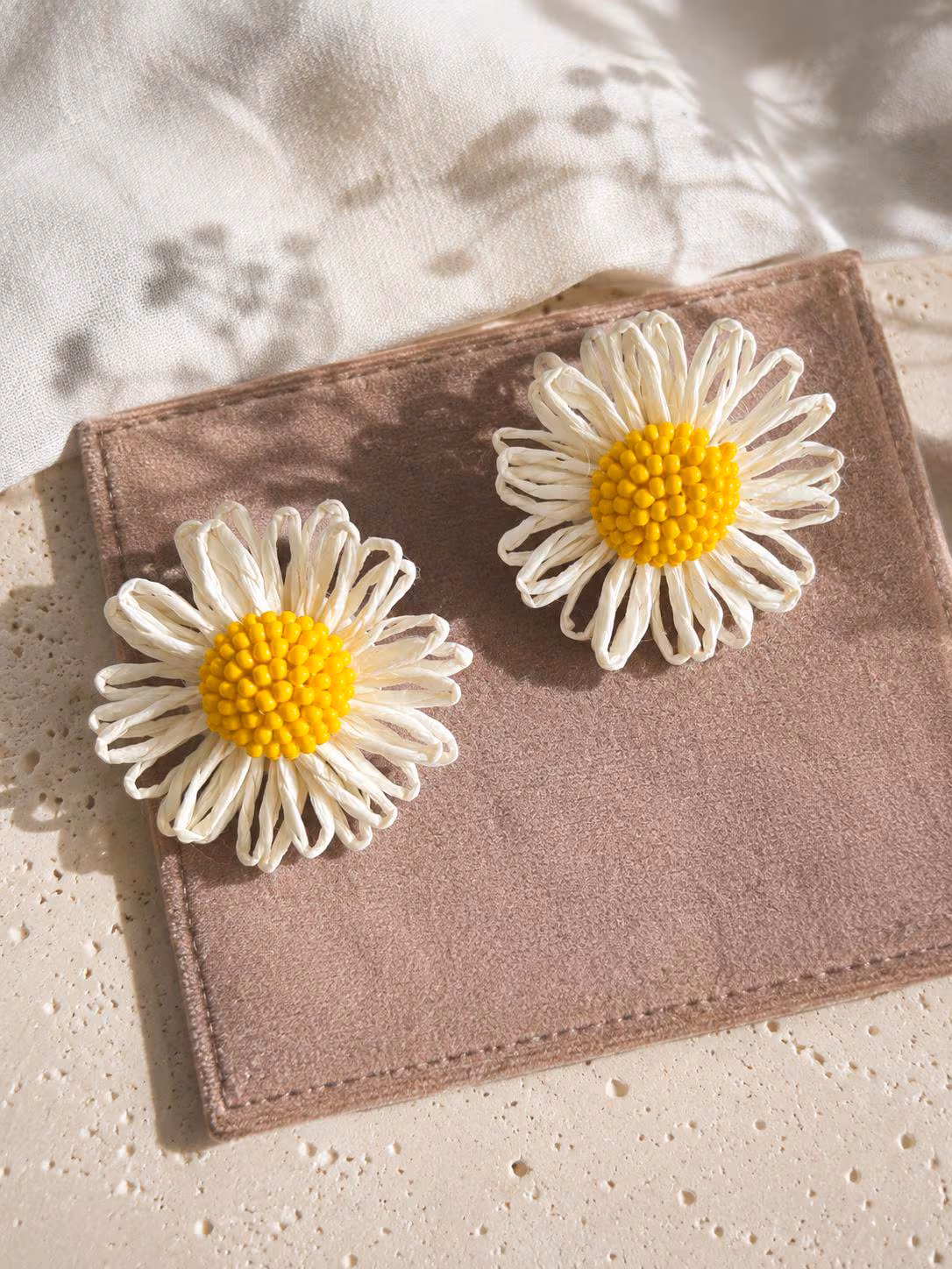 Daisy Earrings • Beaded Flower Statement Earrings • Floral Earrings • Cottagecore Jewelry • Handmade Raffia Daisy Earrings