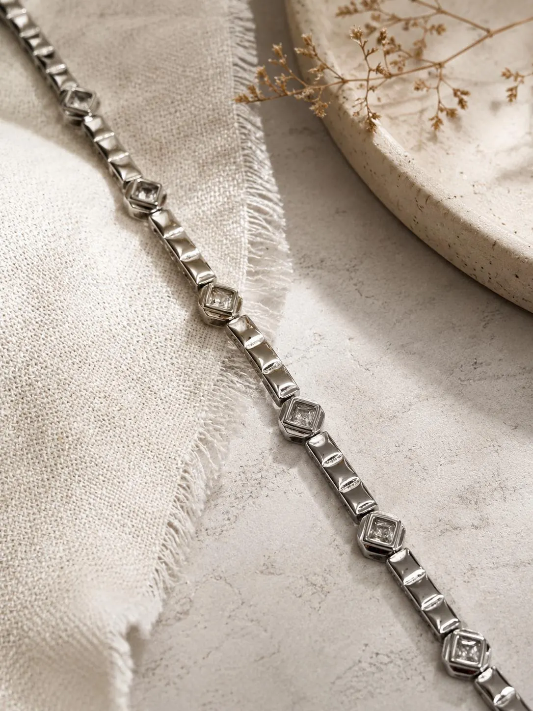 Silver Geometric Chain Bracelet • CZ Tennis Bracelet • Minimalist Crystal Bracelet • Stainless Steel Bracelet • Dainty Silver Jewelry