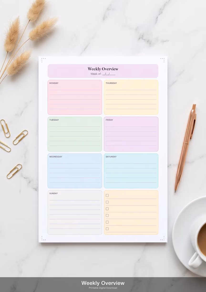 Weekly Overview Planner SVG | Minimalist A4 A5 Task Organizer (Digital Download)