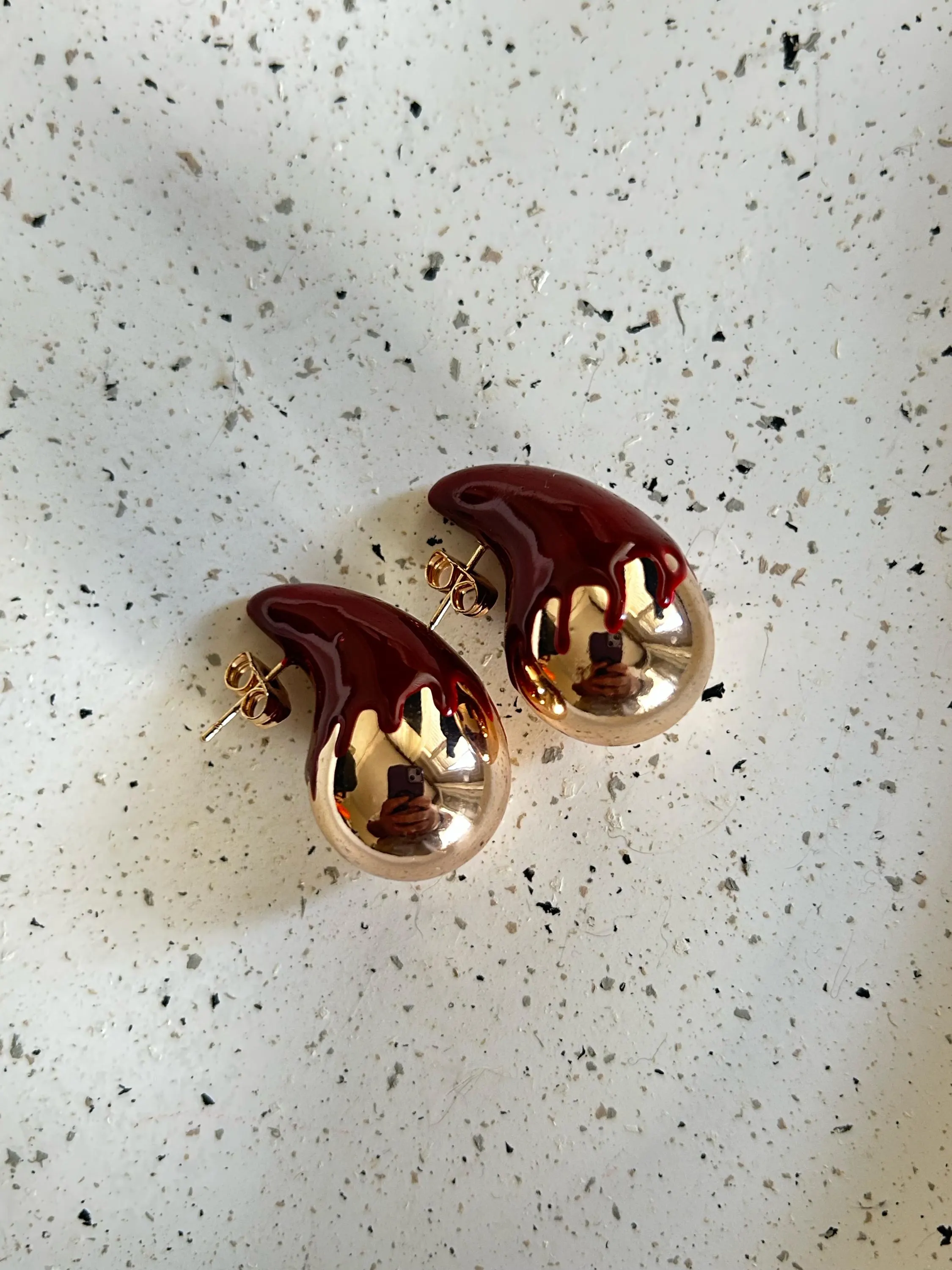 Claret Red Comma Earrings, Gold Steel Earrings