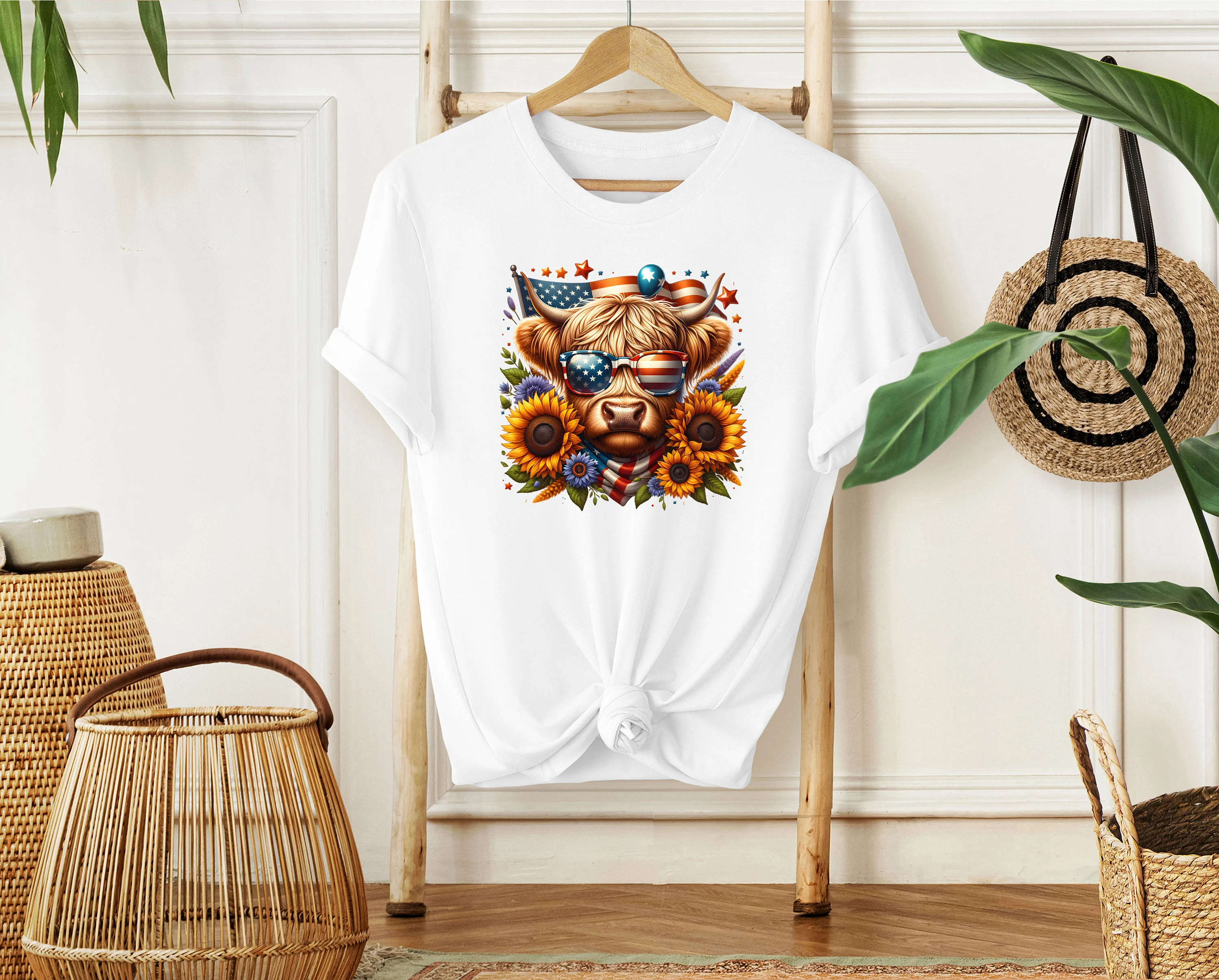 American Flag Highland Cow Clipart Flower PNG: Independence Day Sublimation (Digital Download)