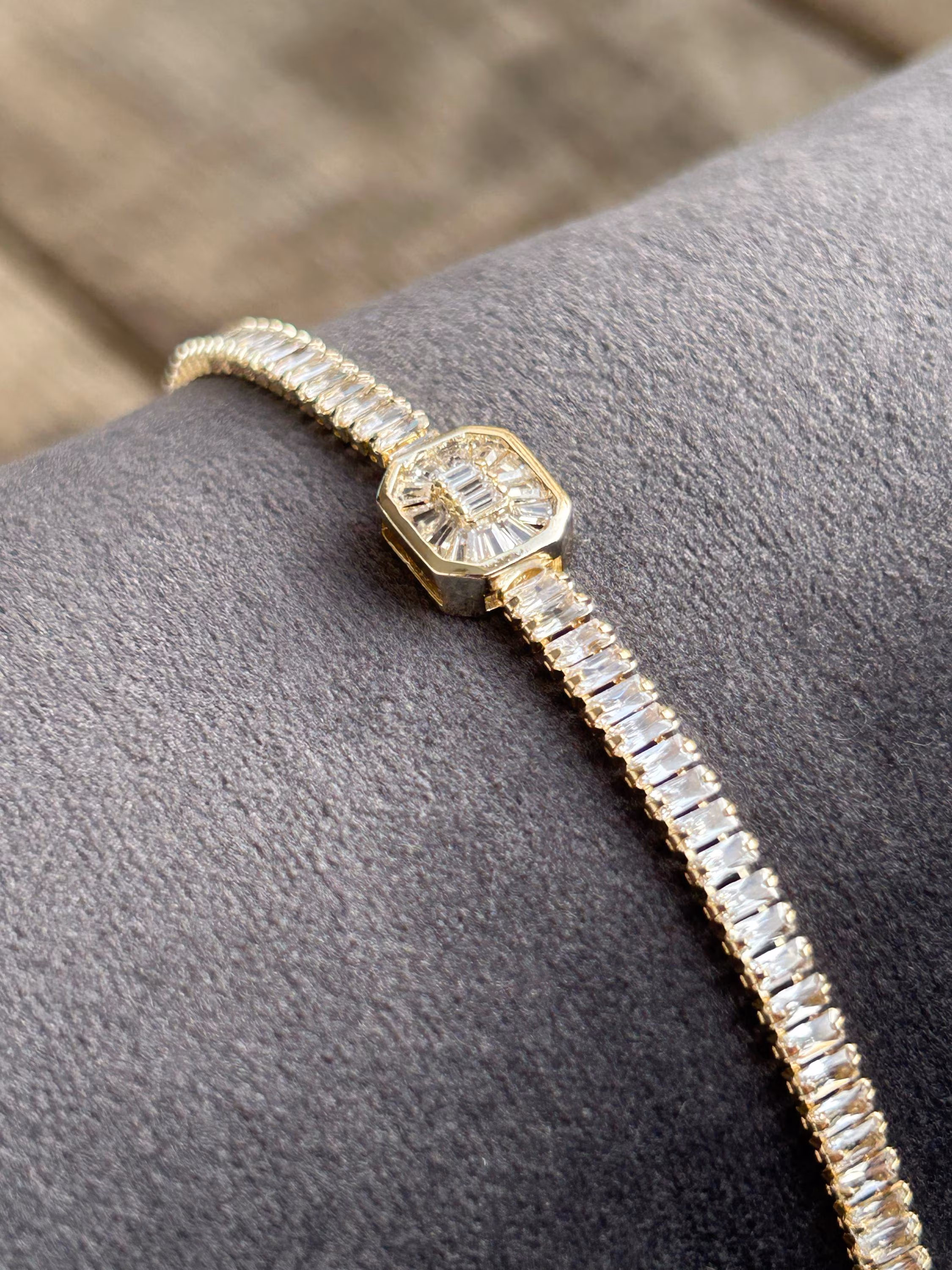 Gold Zircon Tennis Bracelet, Square Zirconia, Steel Jewelry