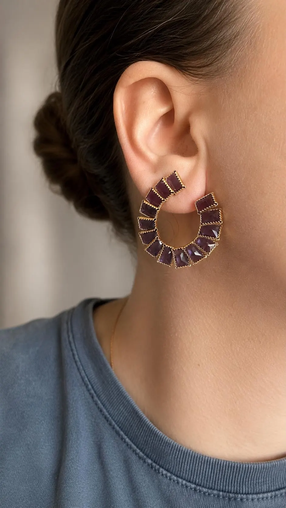 Chunky Earrings • Gold Purple Stone Hoop Earrings • Geometric Statement Earrings • Bold Circle Hoops • Elegant Gold Earrings • Gift For Her