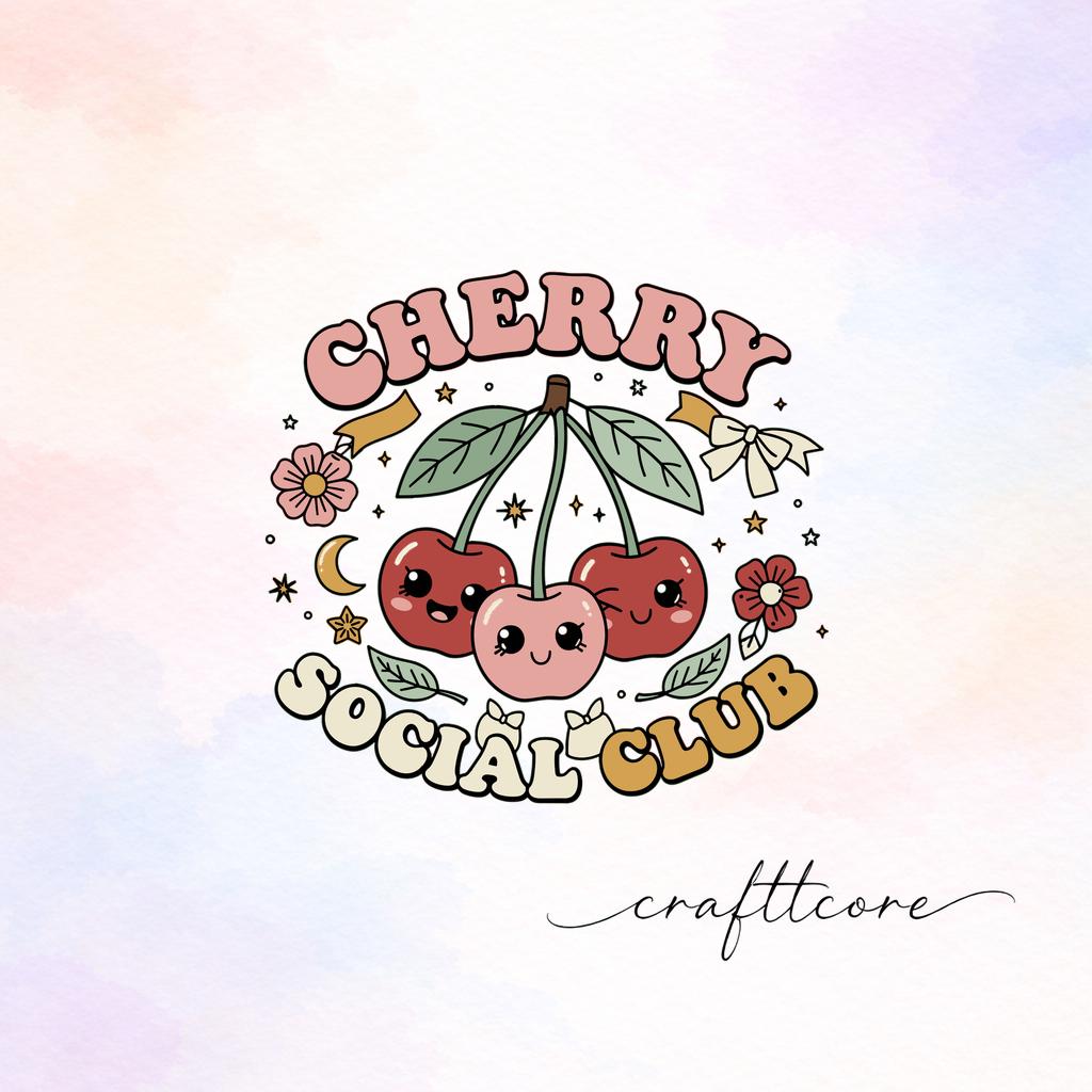 Cherry Social Club SVG, Boho Celestial Mascot Clipart, Retro Groovy Typography (Digital Download)