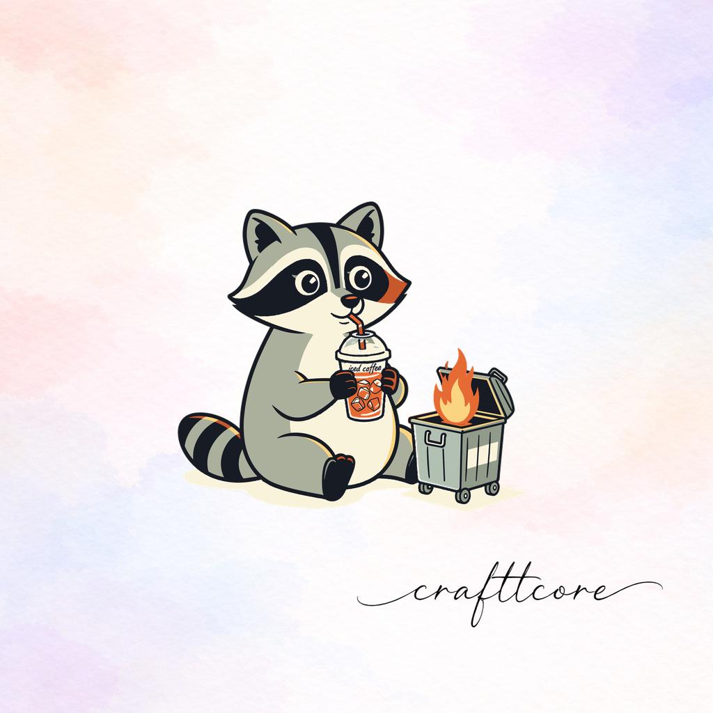 Raccoon Dumpster Fire SVG, Retro Iced Coffee Clipart, Chaotic Animal PNG