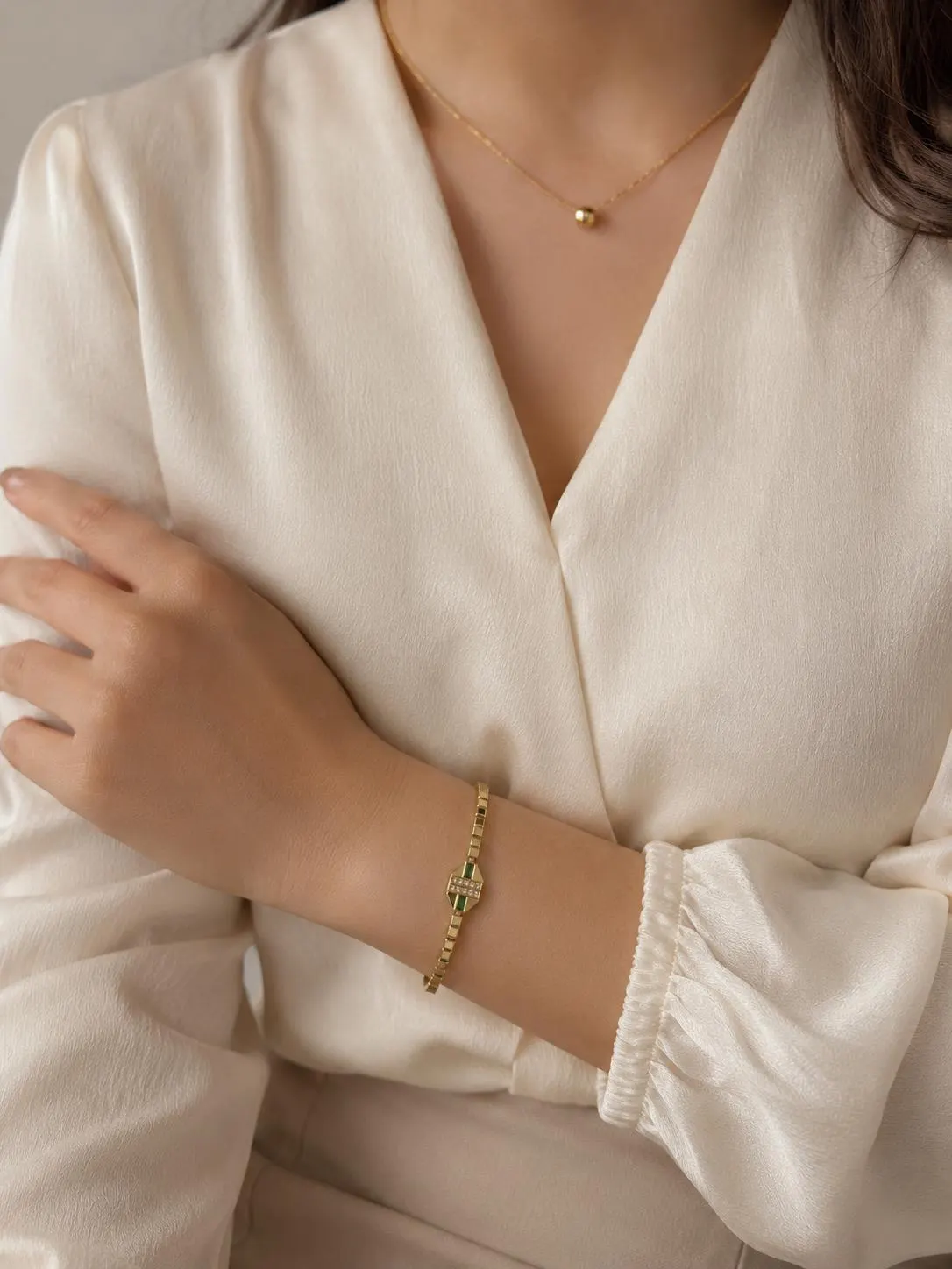 Emerald Green Baguette Bracelet • Gold Geometric Bracelet • Art Deco Inspired Bracelet • Waterproof Jewelry