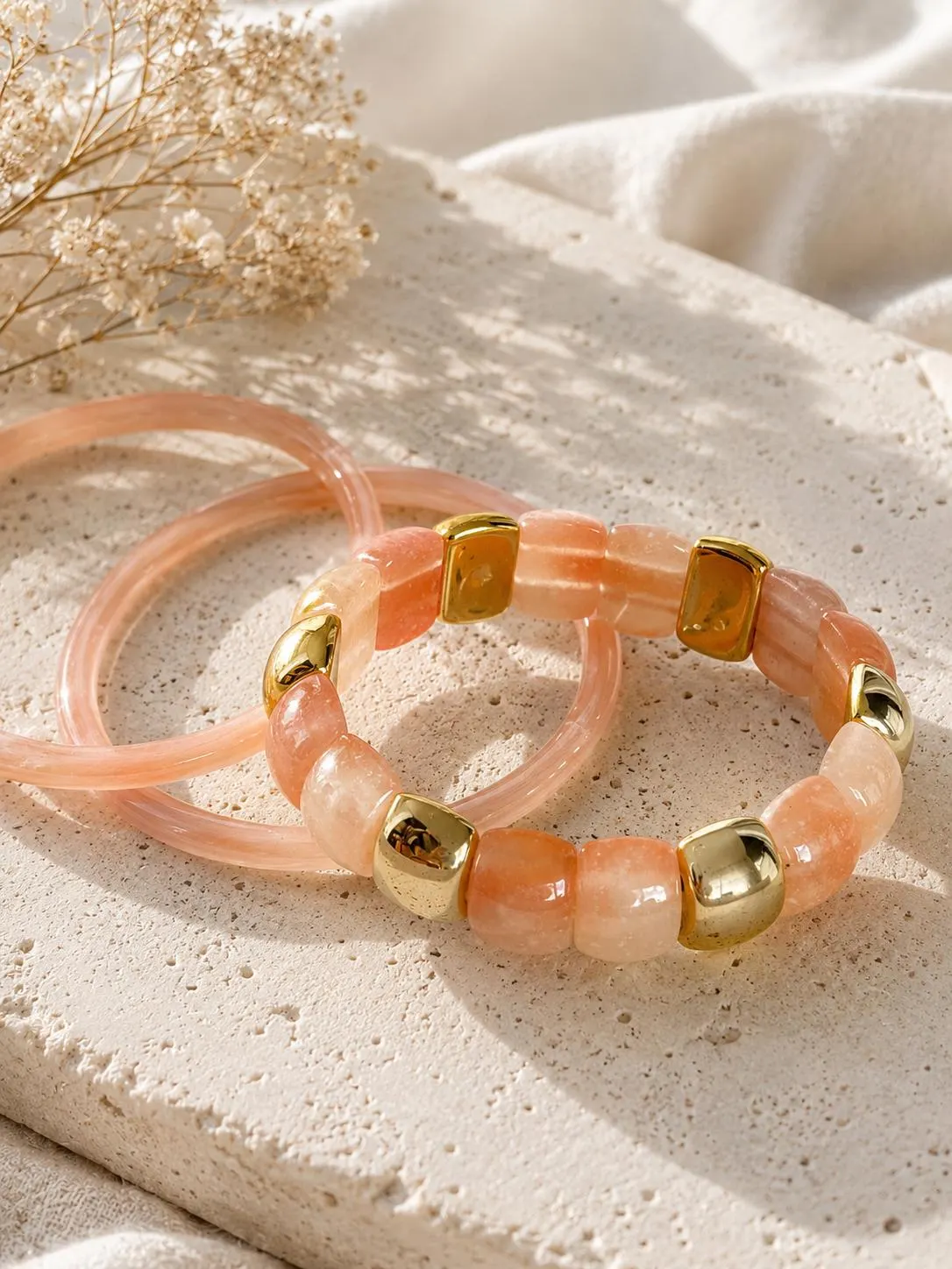 Resin Bangle Set • Pink Blush Marbled Bangles • Stretch Beaded Bracelet • Gold Accent Jewelry • Summer Bracelet Stack • Chunky Bangle