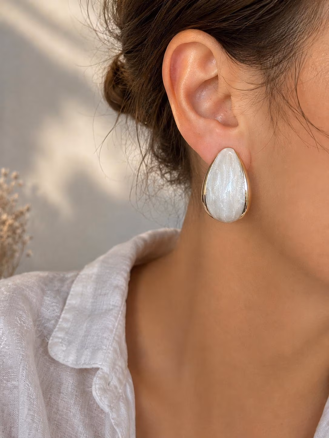 Statement Earrings • Gold Frame Studs • Shiny Earrings • Bridal Jewelry • White Chunky Earrings • Teardrop Earrings