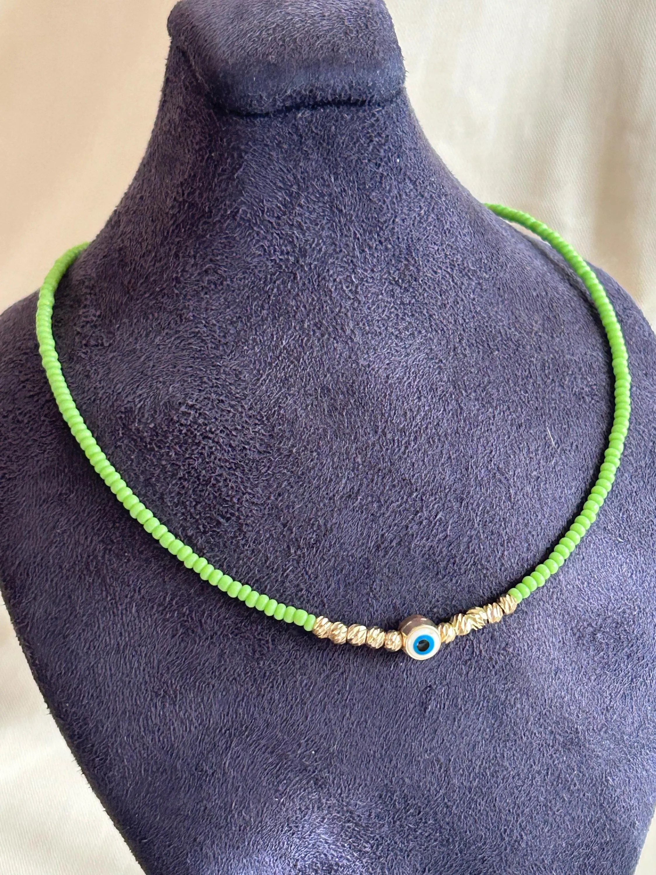 Beaded Necklace, Evil Eye Necklace, Green Beaded Necklace, Boho Necklace, Minimalist Necklace, Gold Dorica Necklace, Minimalist Necklace