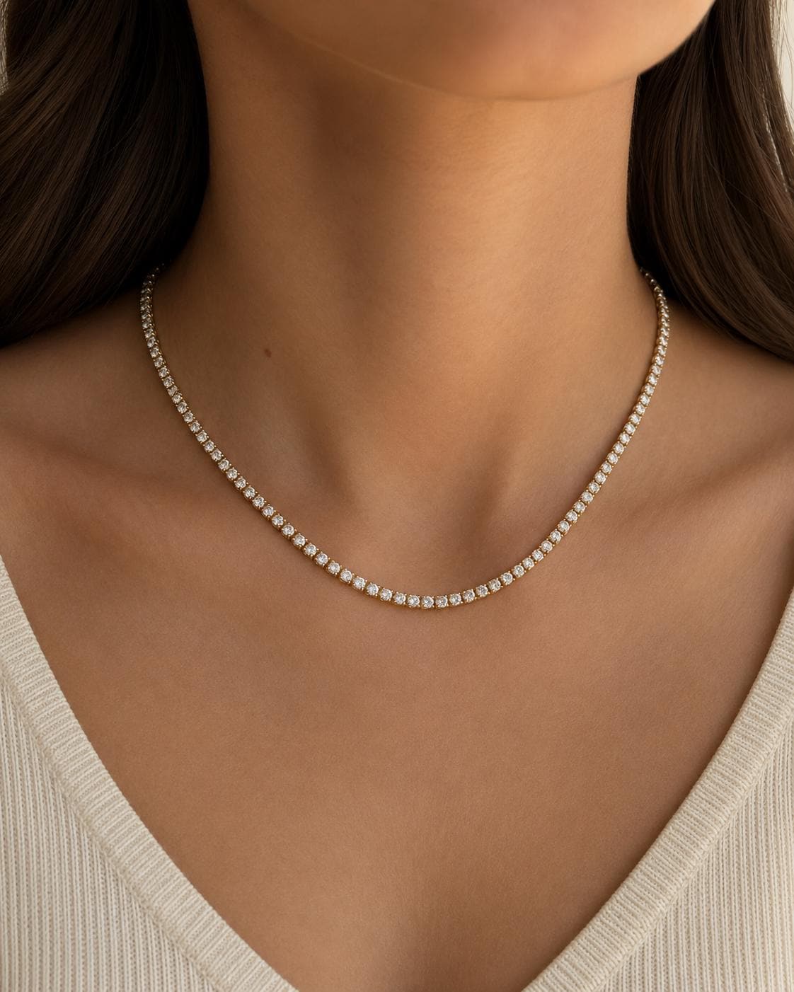 Gold Zircon Tennis Necklace, Square Cut Steel Chain