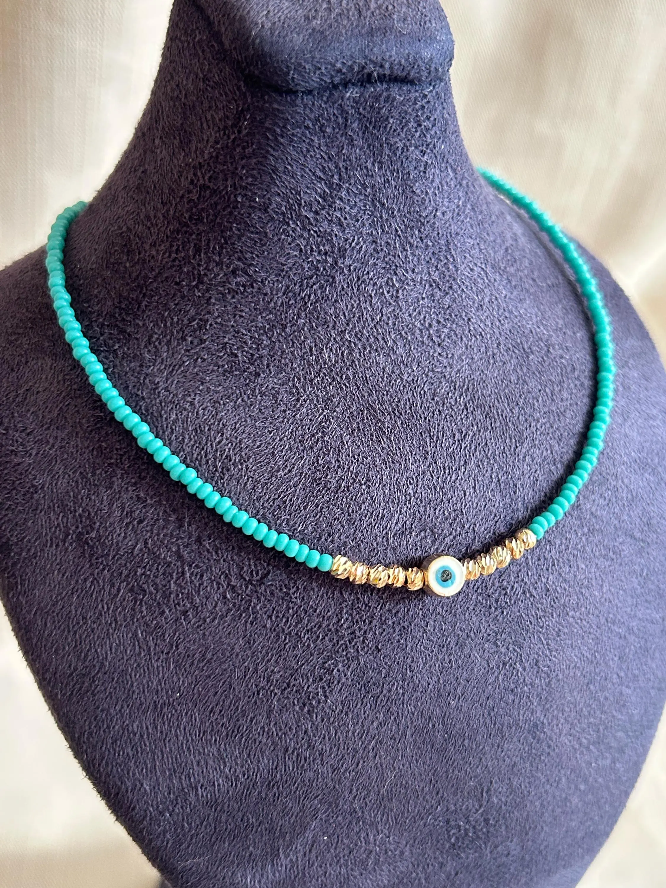 Turquoise Evil Eye Boho Beaded Necklace, Gold Dorica(20cm+5cm)