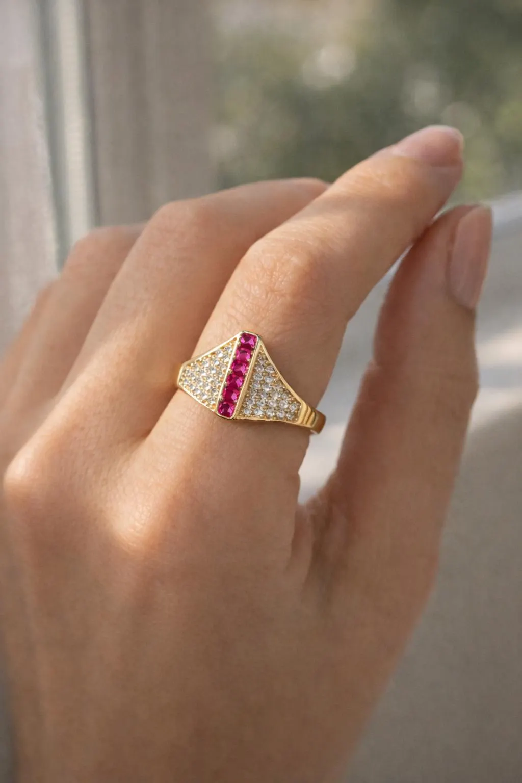 Vintage Gold Signet Ring • Pink CZ Wide Band Ring • Retro Style Gold Ring • Gift For Her
