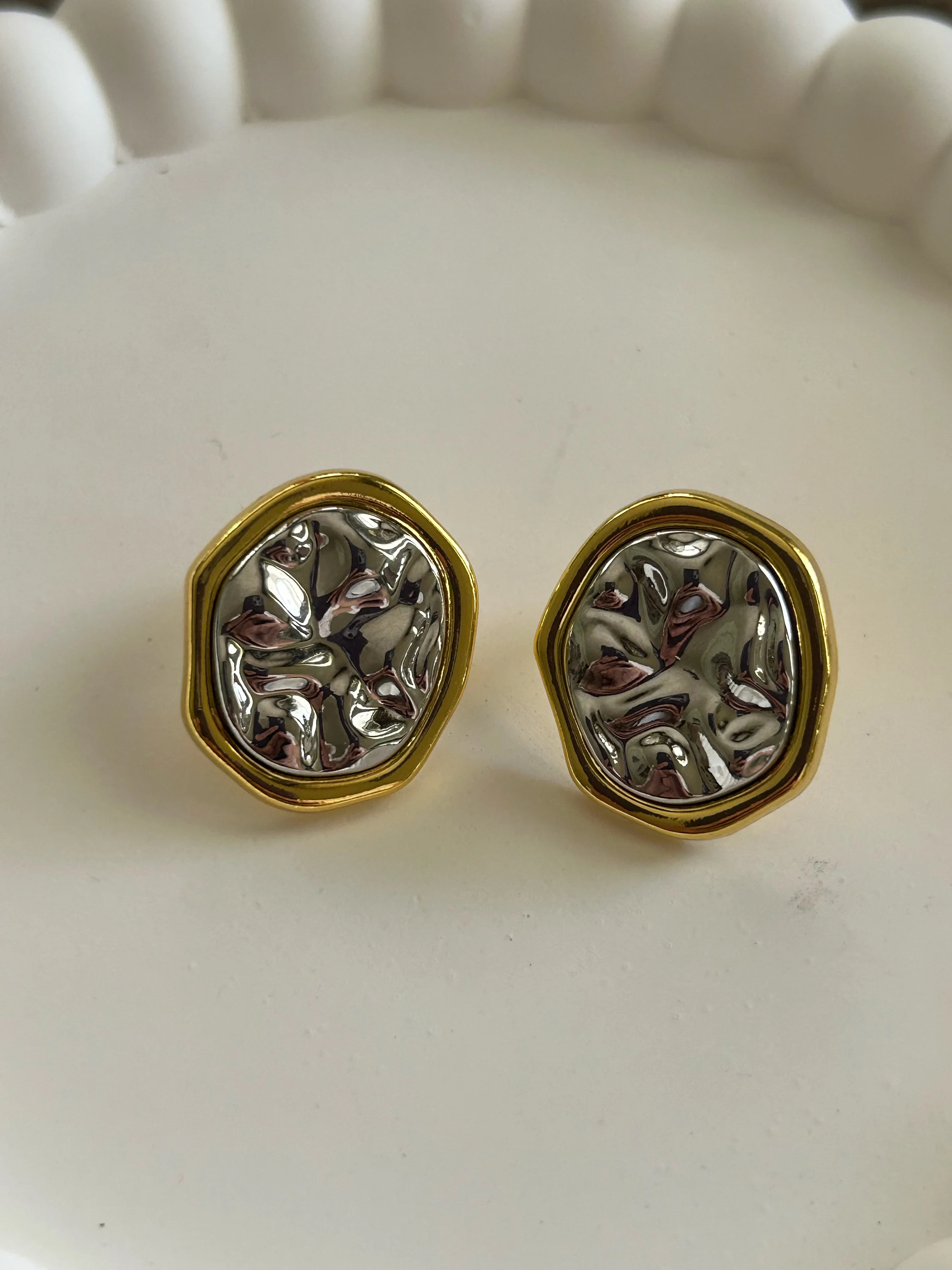 Hammered Silver Earrings, Oval Steel Stud Earrings, Gold Framed Earrings