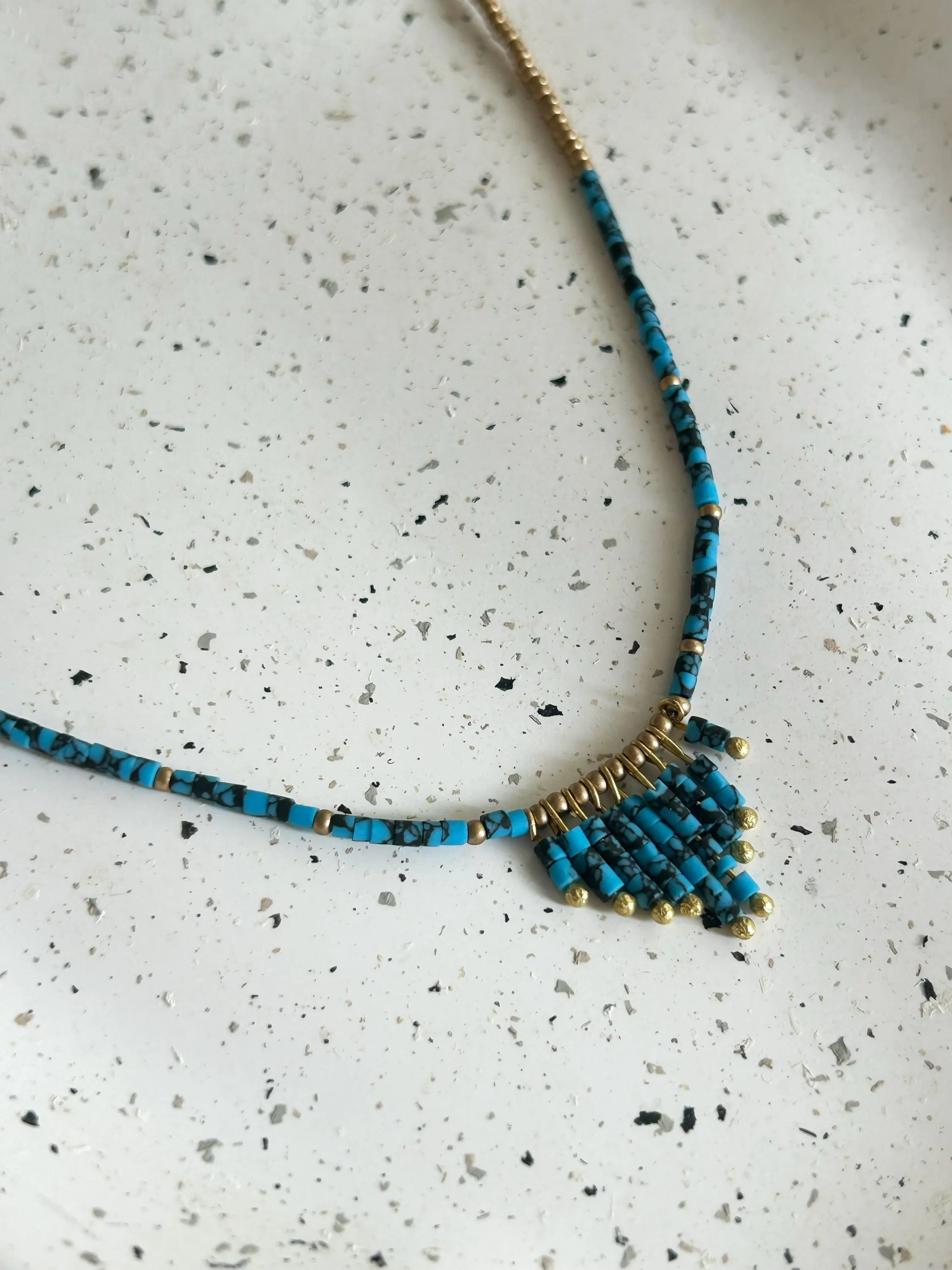 Turquoise Beaded Boho Necklace, Gold Accent, Minimalist Style