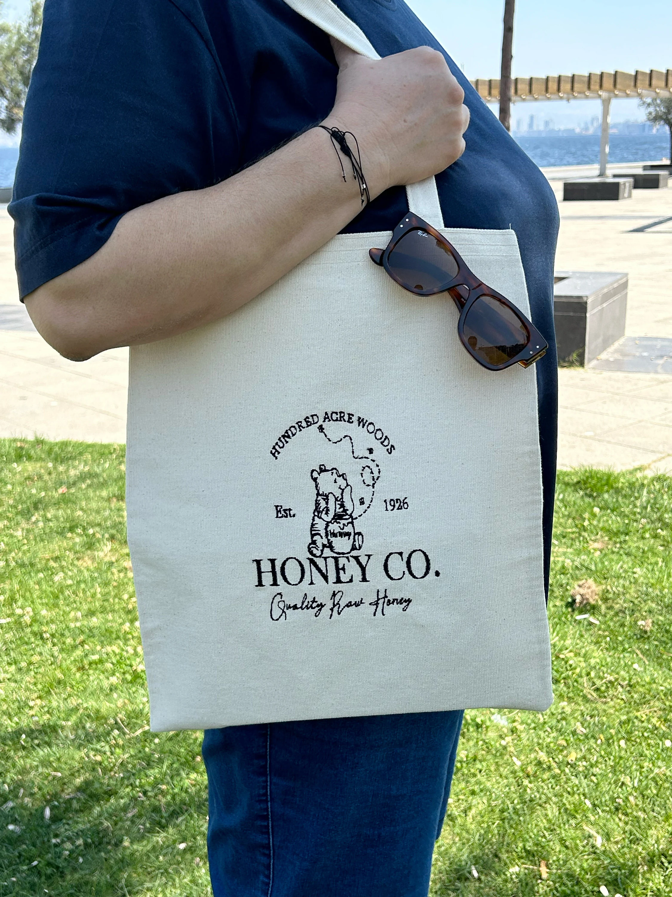 Embroidered Winnie the Pooh Tote Bag, Heavy Duty Canvas Book Bag