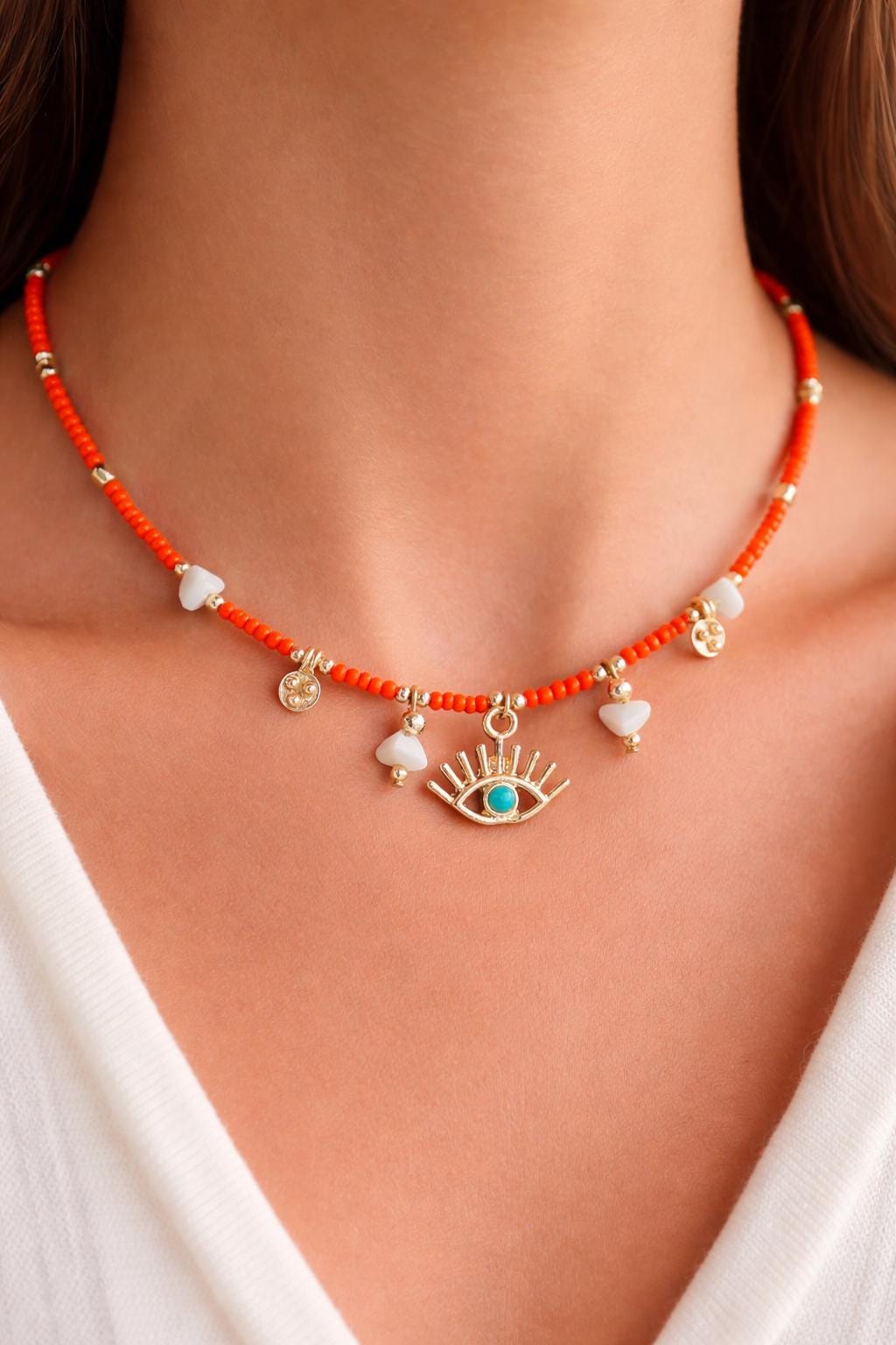 Orange Beaded Evil Eye Necklace • Boho Bead Necklace • Summer Charm Necklace • Protective Eye Jewelry • Handmade