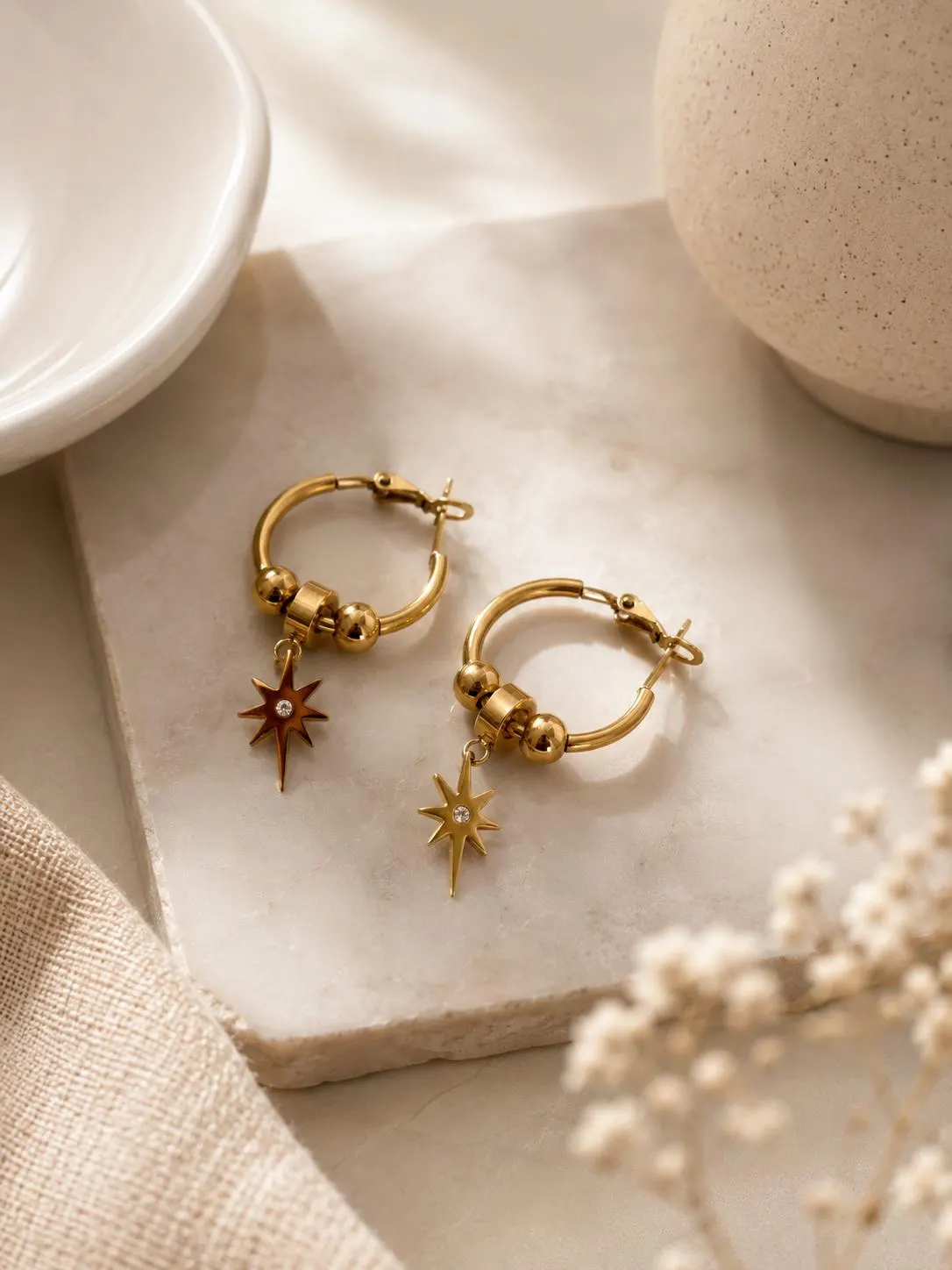 Gold Starburst Charm Hoop Earrings, Celestial Stainless Steel Jewelry, North Star Earrings
