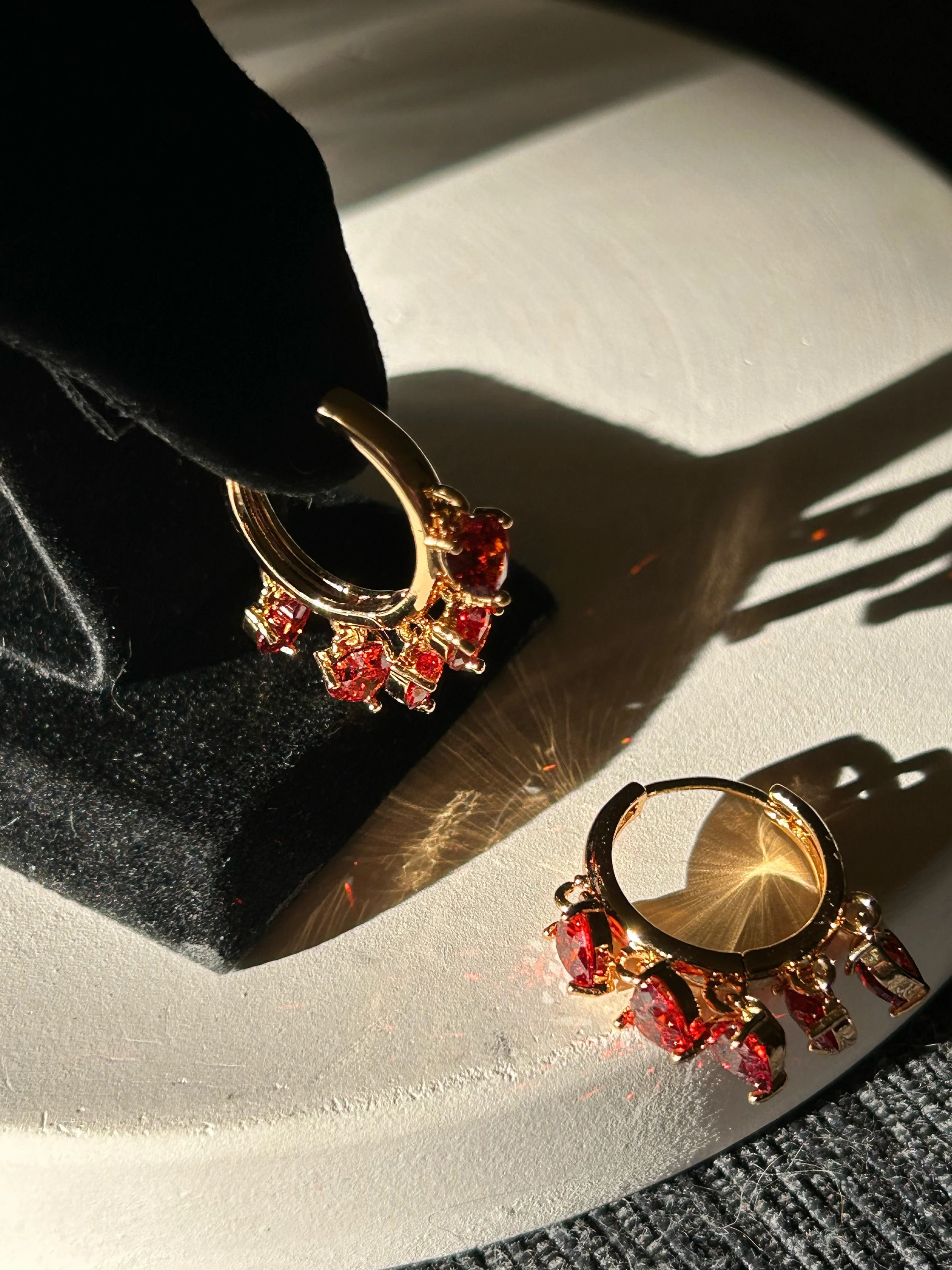 Red Heart Hoop Earrings • Gold Hoop Earrings • Romantic Heart Earrings • Crystal Charm Hoops • Cute Gold Earrings • Gift for Her