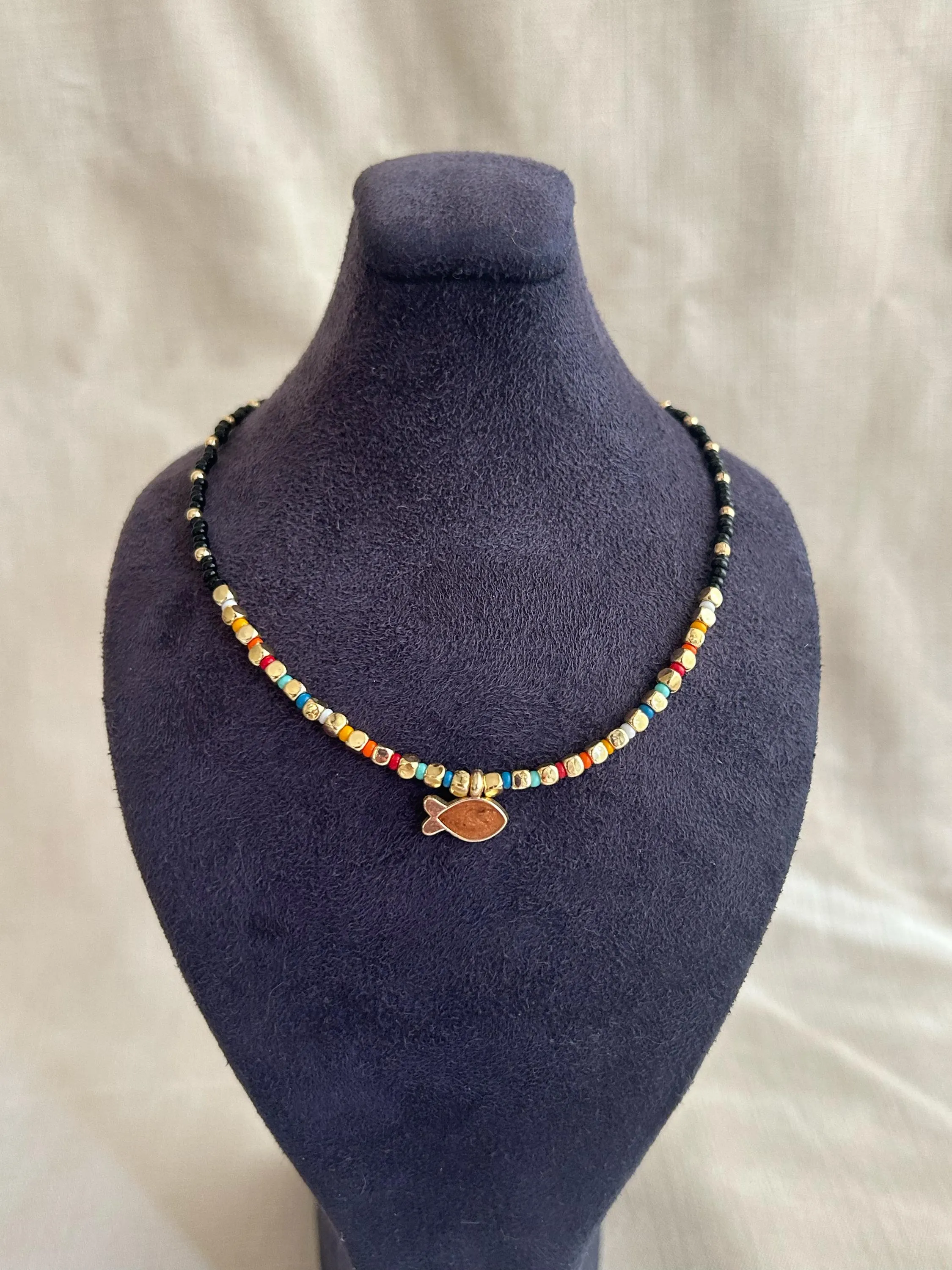 Beaded Necklace, Fish Pendant Necklace, Boho Necklace, Black Beaded Necklace, Rainbow Necklace, Minimalist Necklace, Summer Necklace