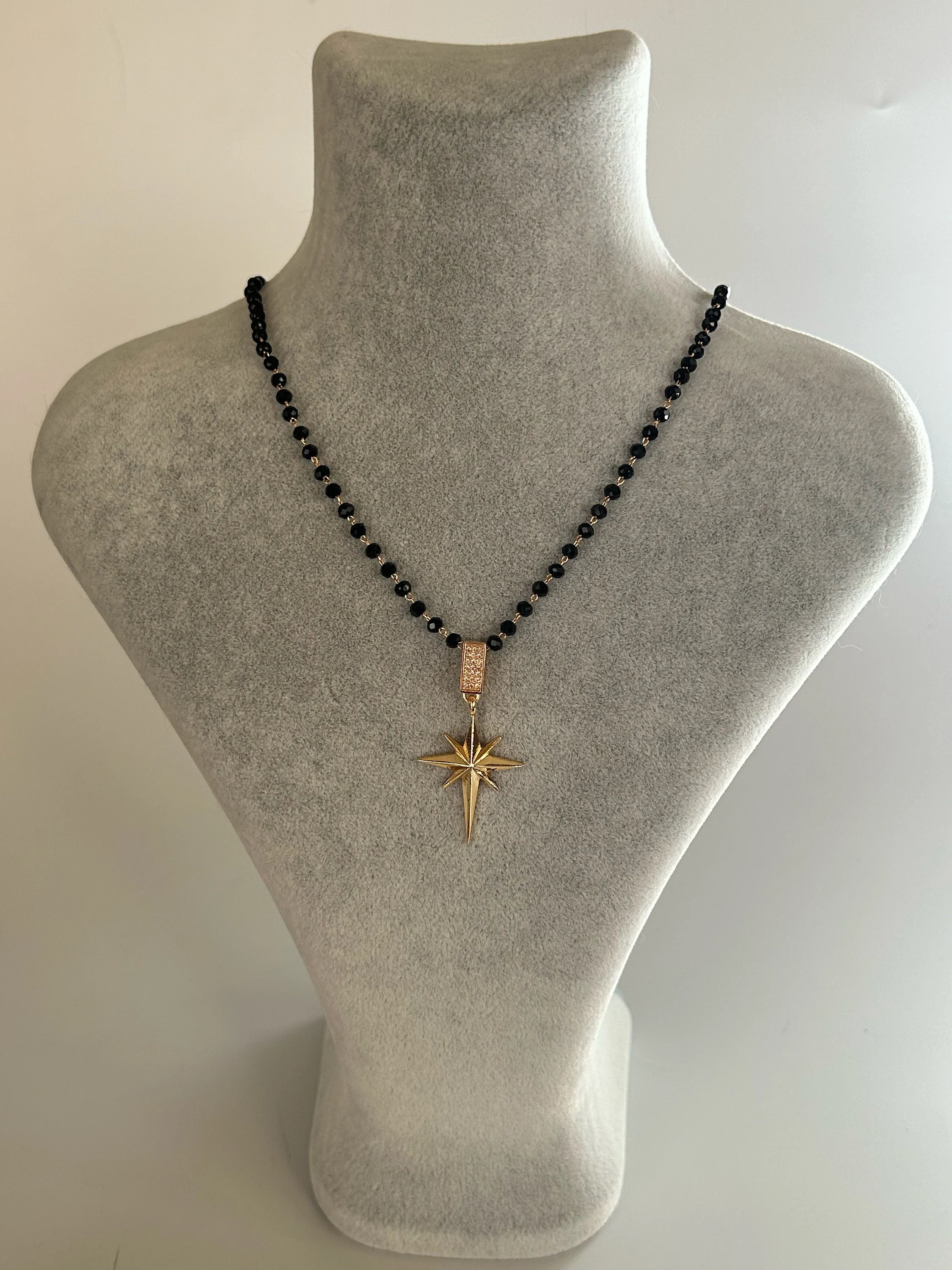 Gold Starburst Necklace, Black Beaded Necklace, Celestial Jewelry