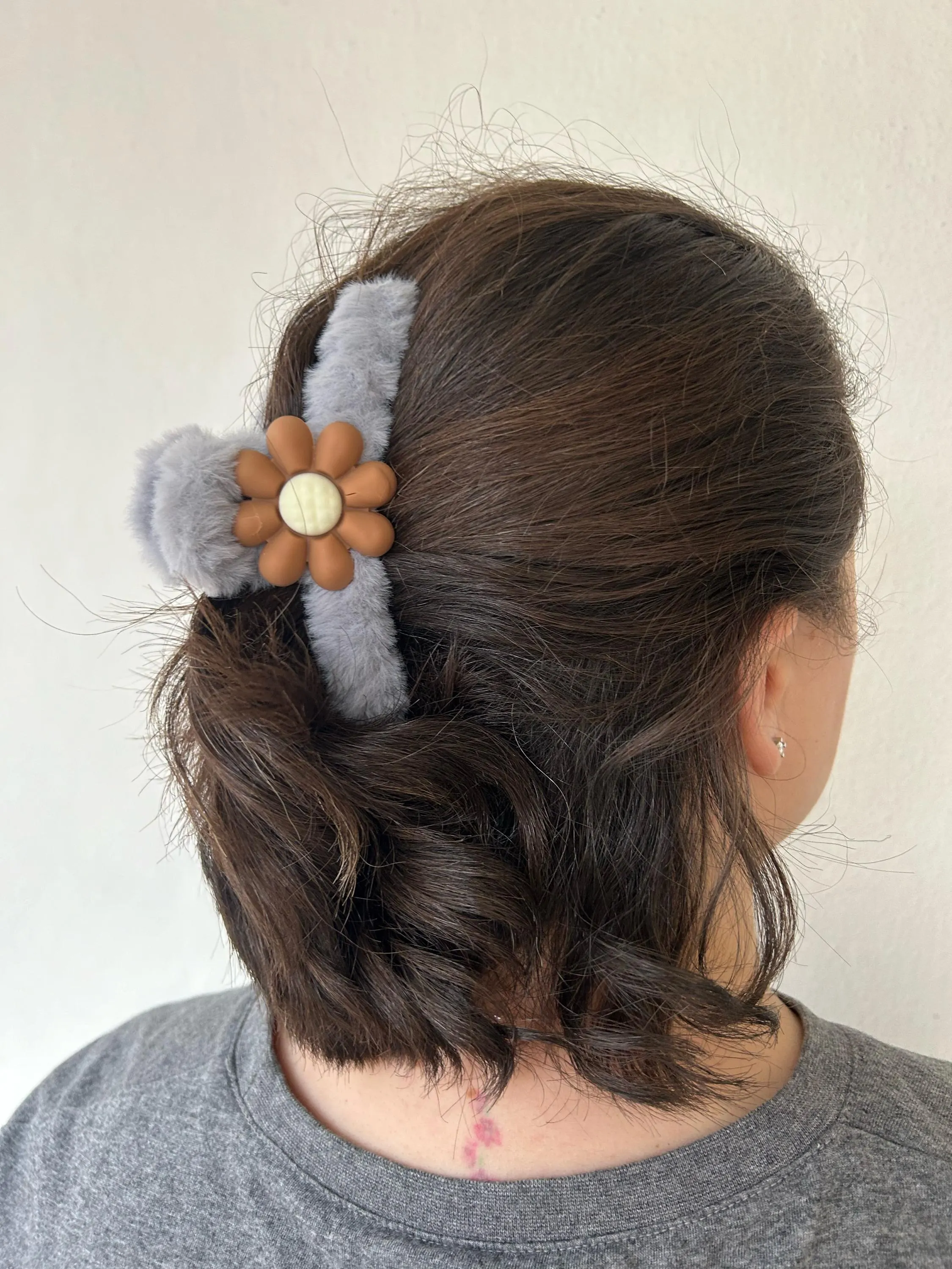 Fluffy Flower Hair Clip, Big Grey Barrettes, Womens Claw Clip