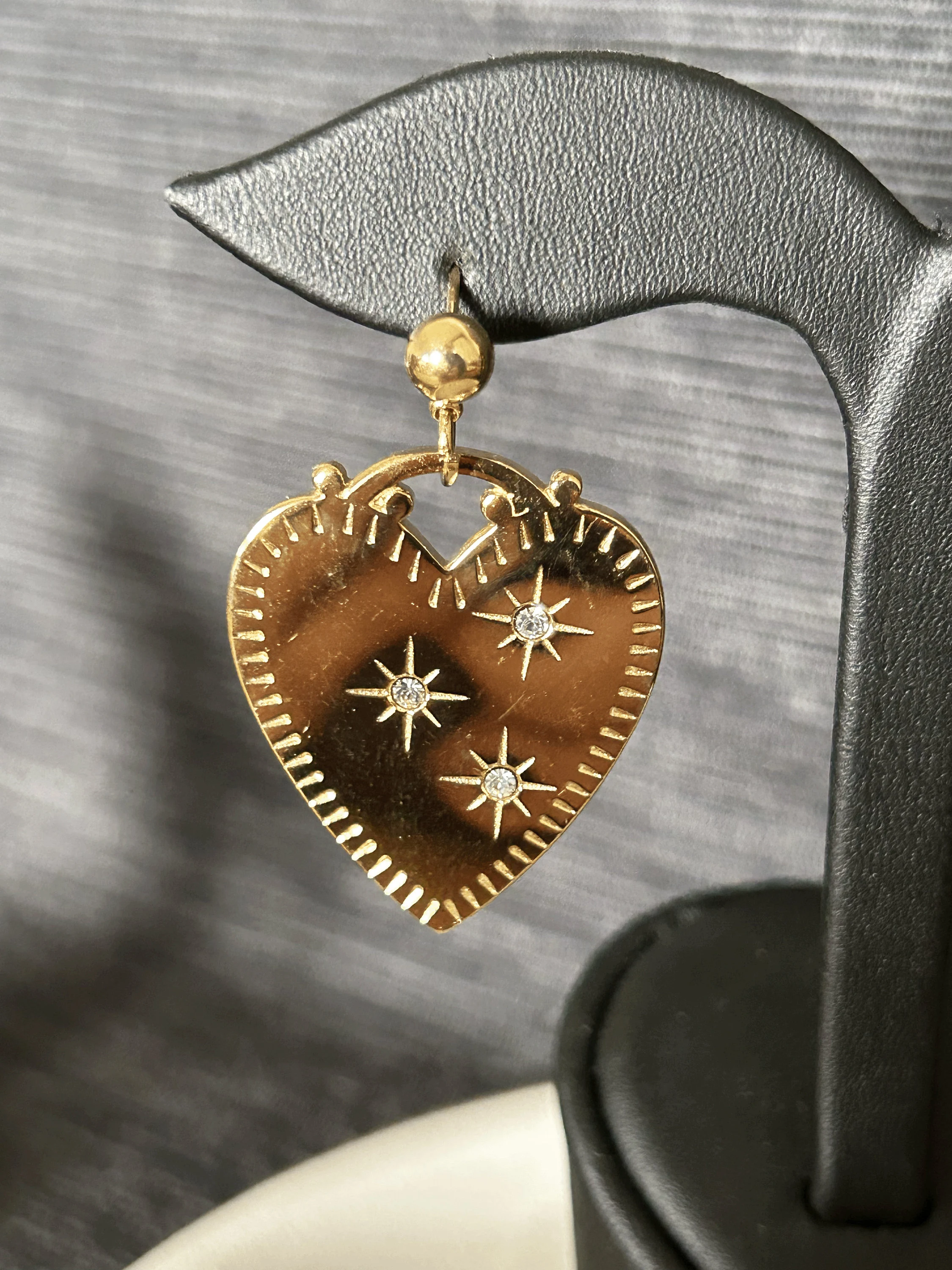 Gold Plated Heart Earrings, Stainless Steel with Zircon